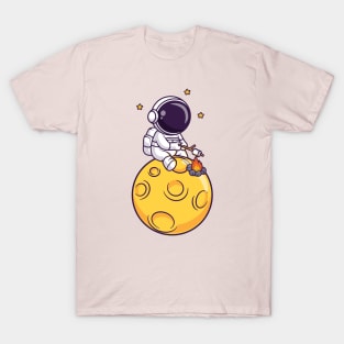 Cute Astronaut Roasting Marshmallow On Moon Cartoon T-Shirt